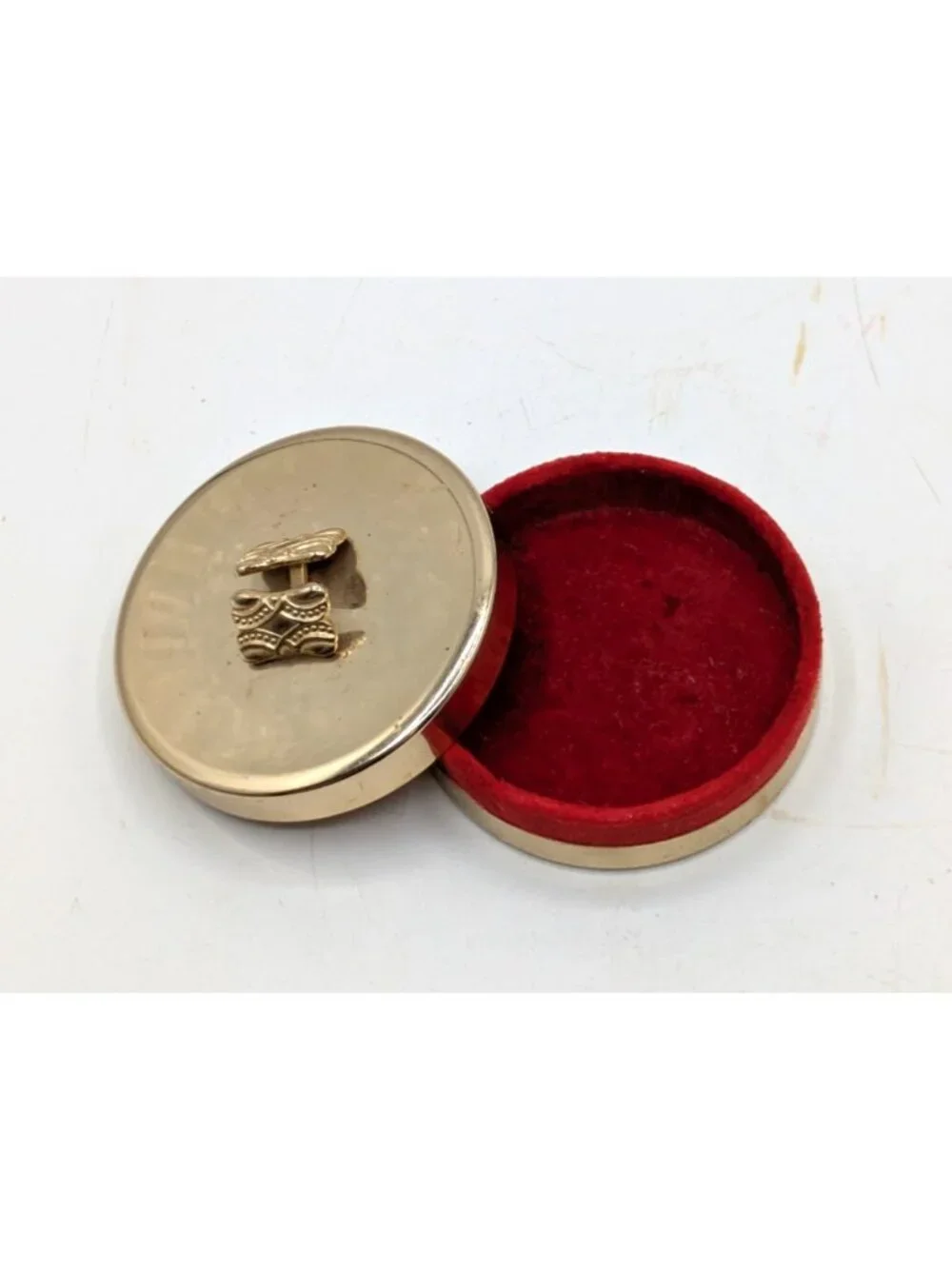 Vintage Napier Gold Tone Metal Trinket Pill Box Round Red Velvet Lining 2.5